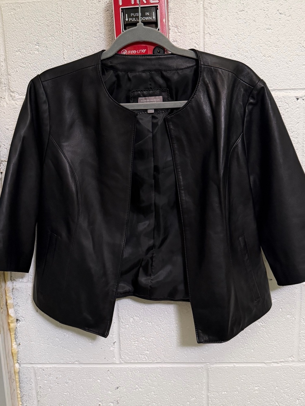 Y2K Neiman Marcus Exclusive 100% Leather Minimalist Open Front Jacket Size L